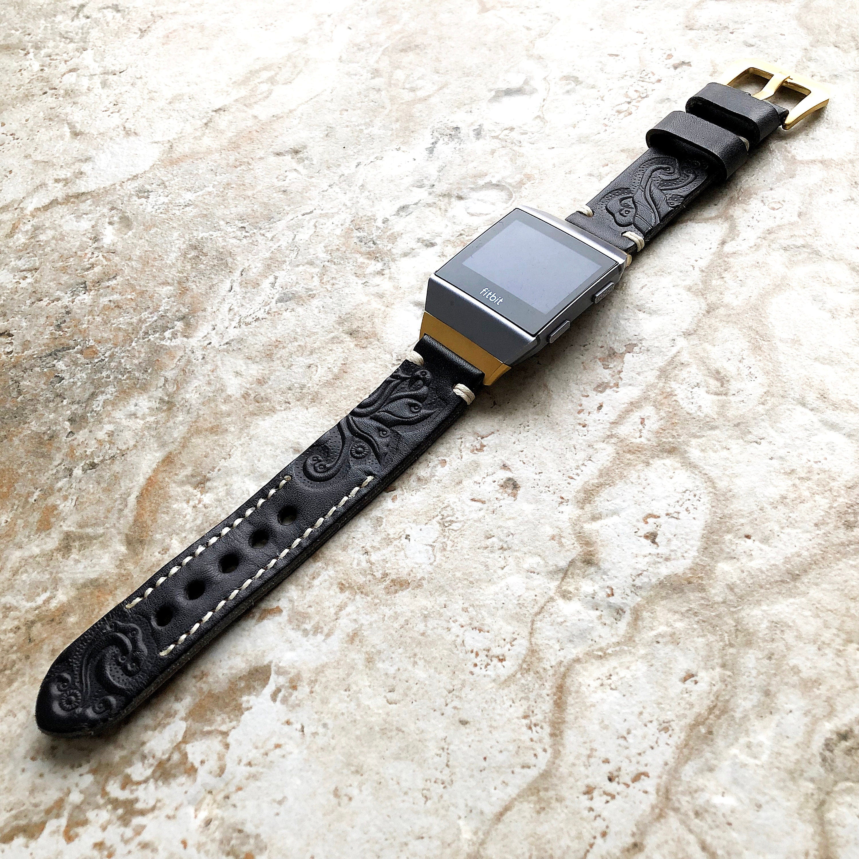 Fitbit Ionic Black Gray Tooled Embossed Handmade Leather Bracelet for Watch Band Strap with Quick Release Adapters Silver Rose Gold Black